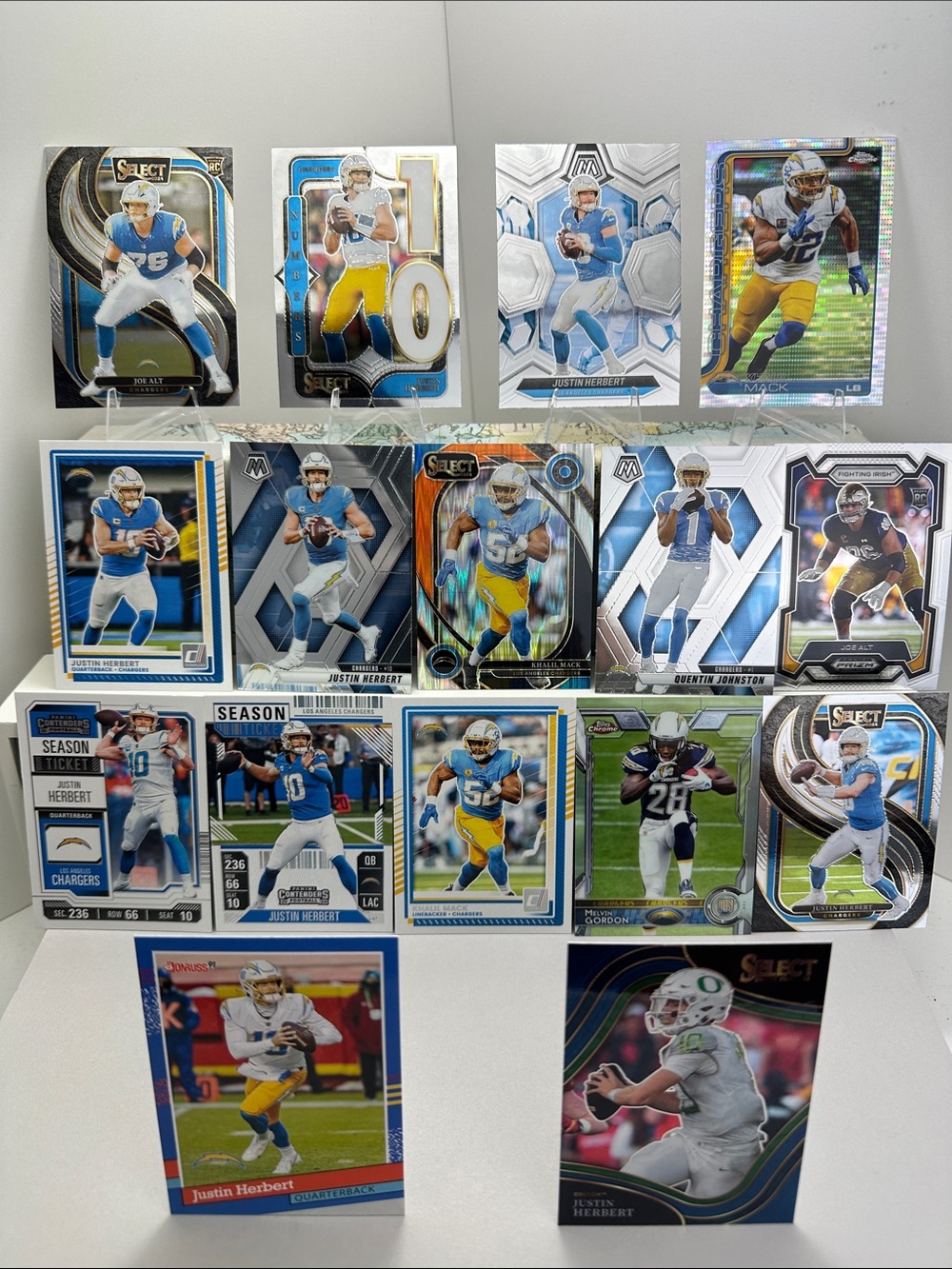 Justin Herbert Chargers lot of 16 w/ Alt/Gordon rookies & Khalil Mack pulsar